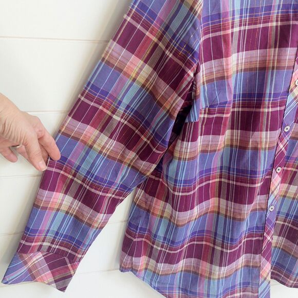 Talbots Fabulous Plaid Cotton Button Front Shirt Women's XL Metallic Threading - Picture 4 of 9